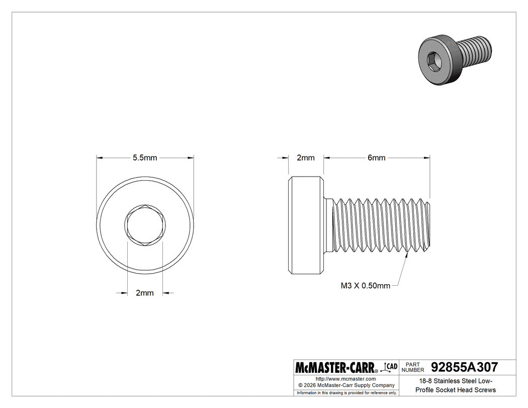Technical Drawing of 18-8 Stainless Steel Low-Profile Socket Head Screws, with Hex Drive, M3 x 0.5 mm Thread, 6 mm Long.
